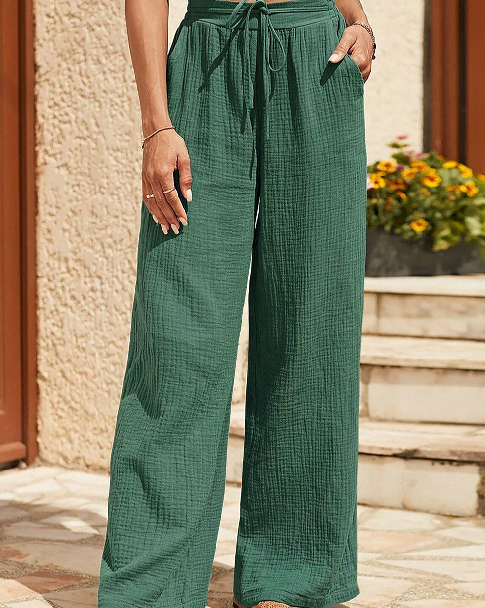 Crinkle Textured Wide Leg Pants - Eolante Clothing