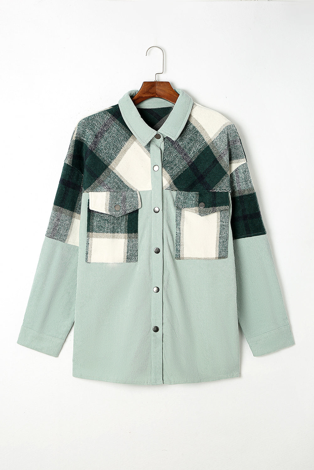 Corduroy Plaid Patchwork Plus Size Shacket - Eolante Clothing