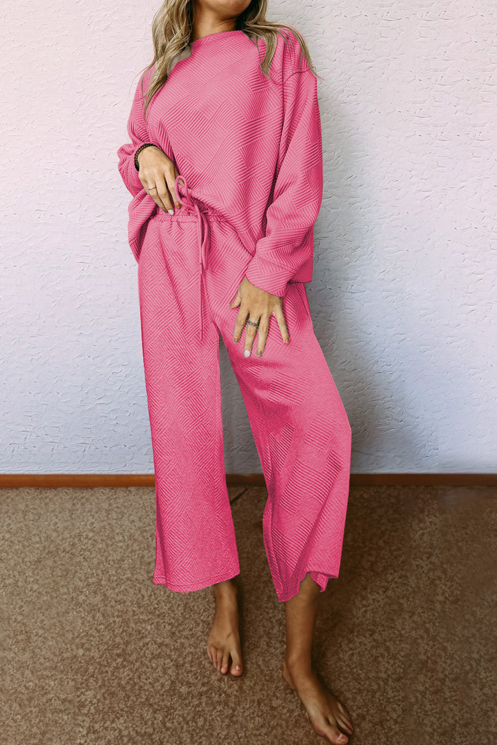 Loose Textured Top and Pants Loungewear Set - Eolante Clothing