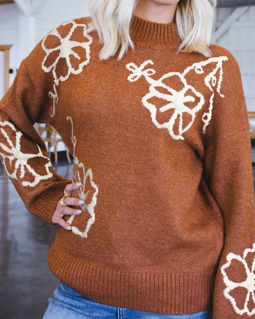 Knitted Floral Ribbed Sweater - Eolante Clothing