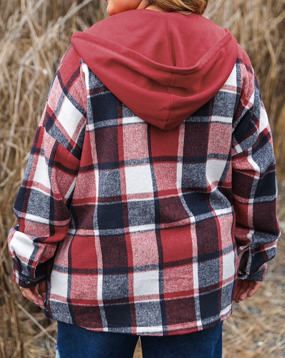 Plaid Button-up Hooded Plus Size Jacket - Eolante Clothing