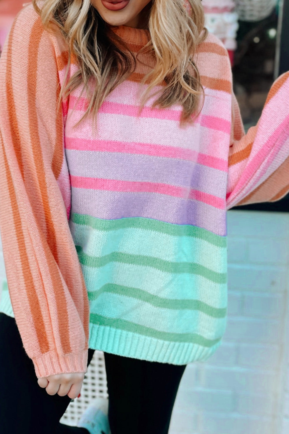 Striped Loose Sweater with Ribbed Edge - Eolante Clothing