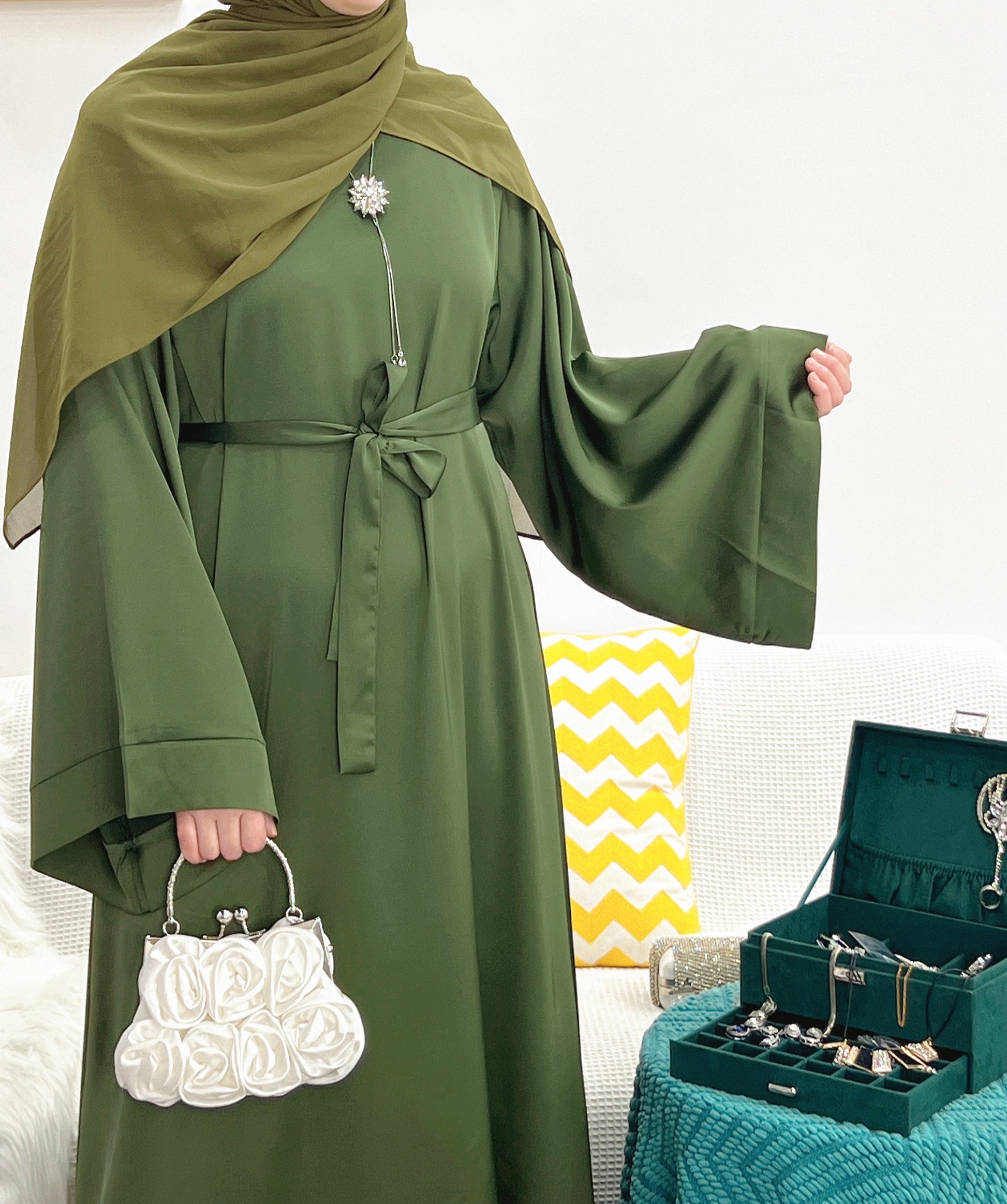 Olive Green Satin Maxi Dress Abaya | Eolante Clothing 