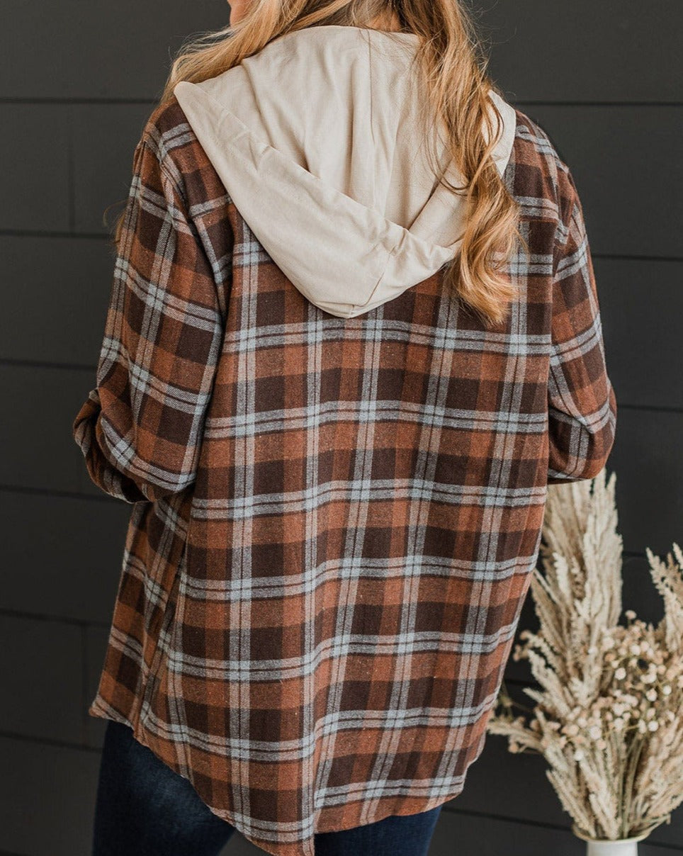 Plaid Contrast Hooded Plus Size Jacket - Eolante Clothing