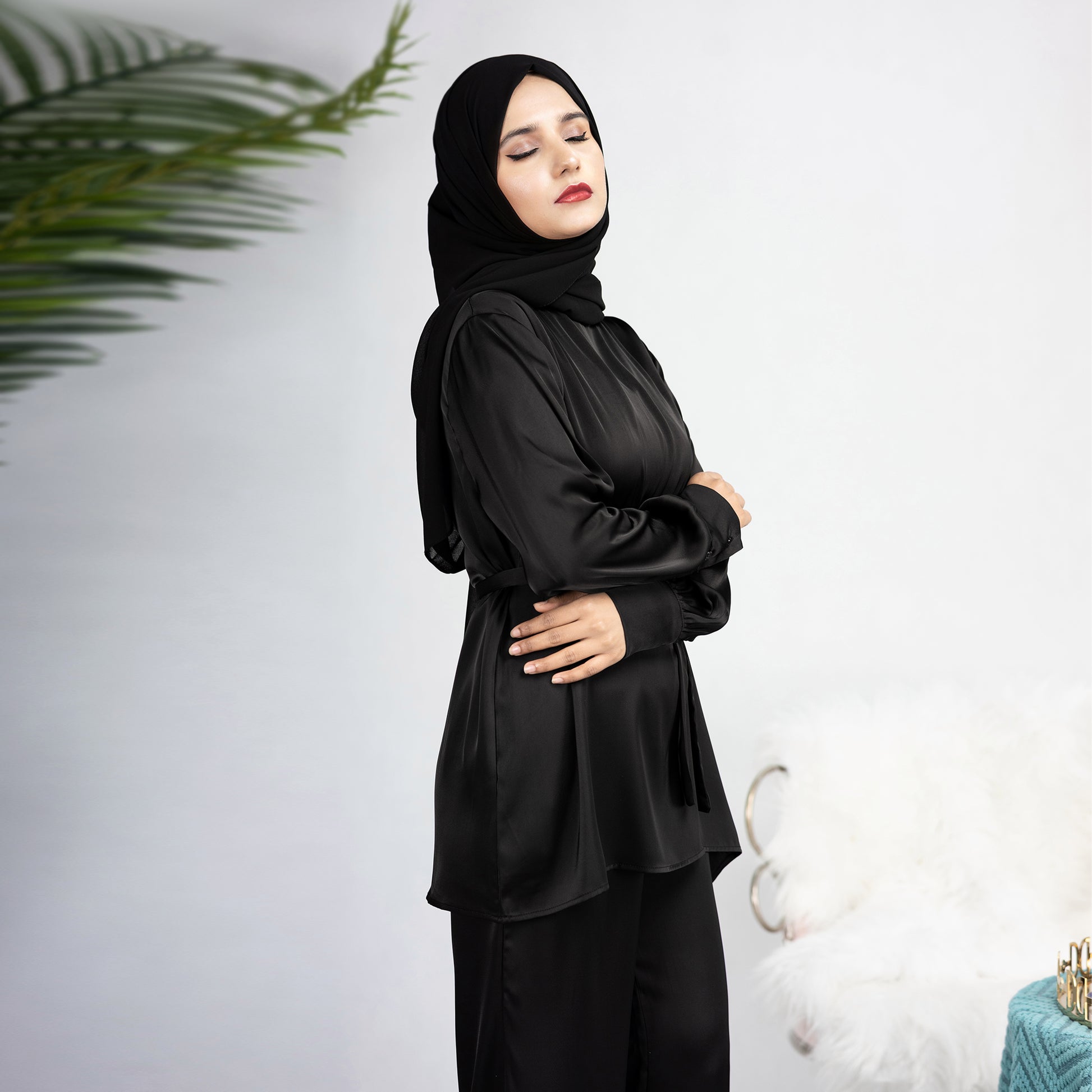 2 Piece Abaya Set, Satin Long Sleeve Top and Pants - Eolante Clothing