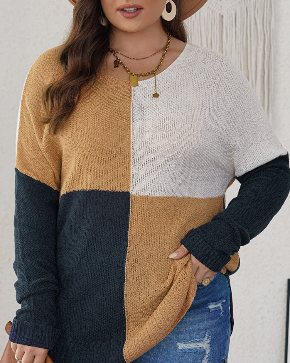 Colorblock Side Slit Plus Size Sweater - Eolante Clothing