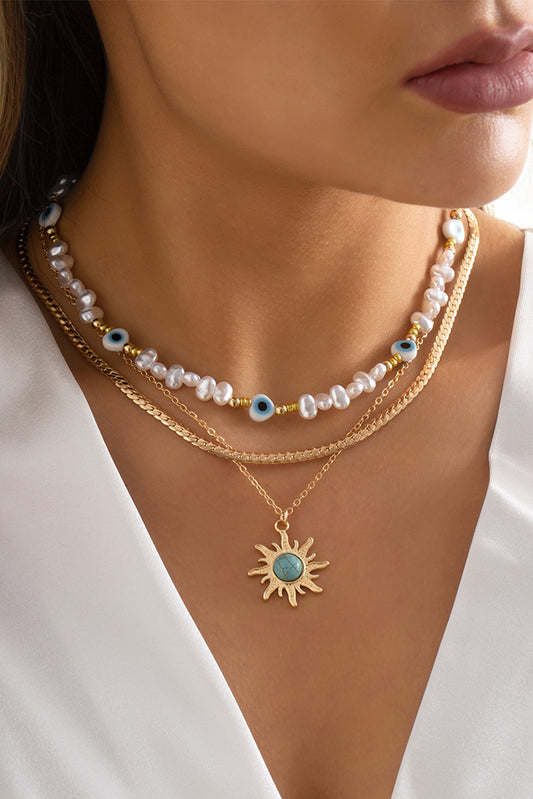 Gold Layered Pearl Necklace with Sun Pendant