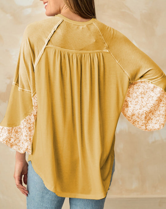 Floral Colorblock Balloon Sleeve Top - Eolante Clothing