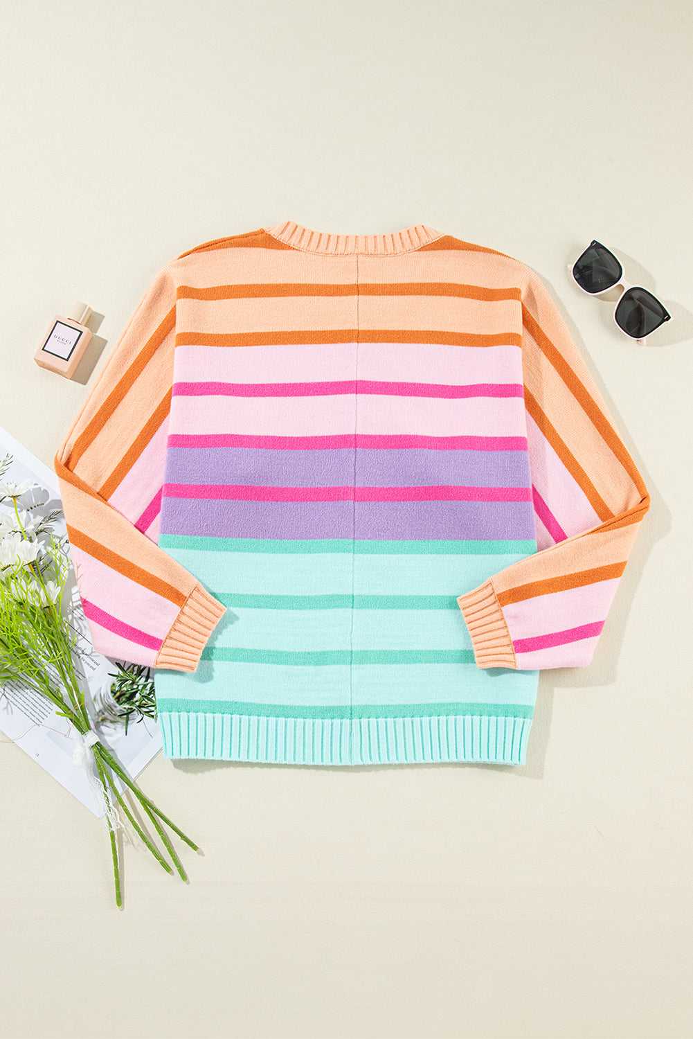 Striped Loose Sweater with Ribbed Edge - Eolante Clothing