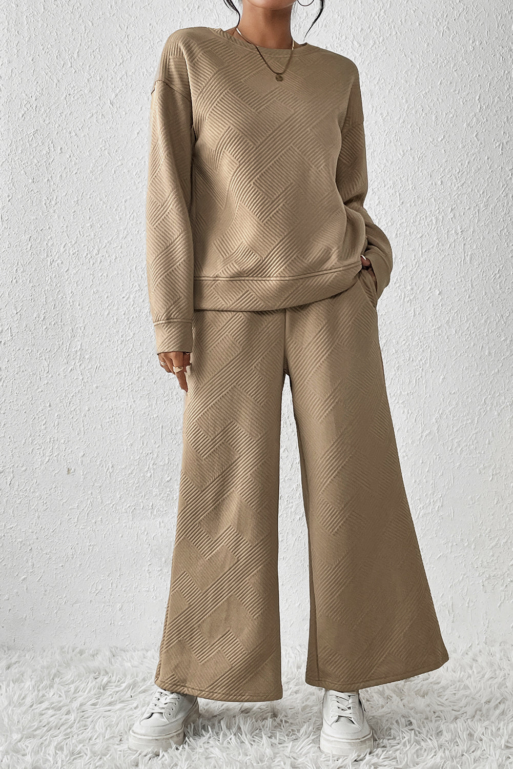 Loose Textured Top and Pants Loungewear Set - Eolante Clothing