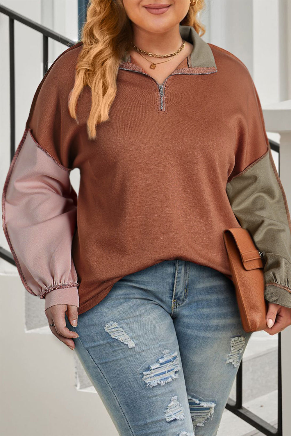 Colorblock Quarter-Zip Plus Size Sweatshirt - Eolante Clothing