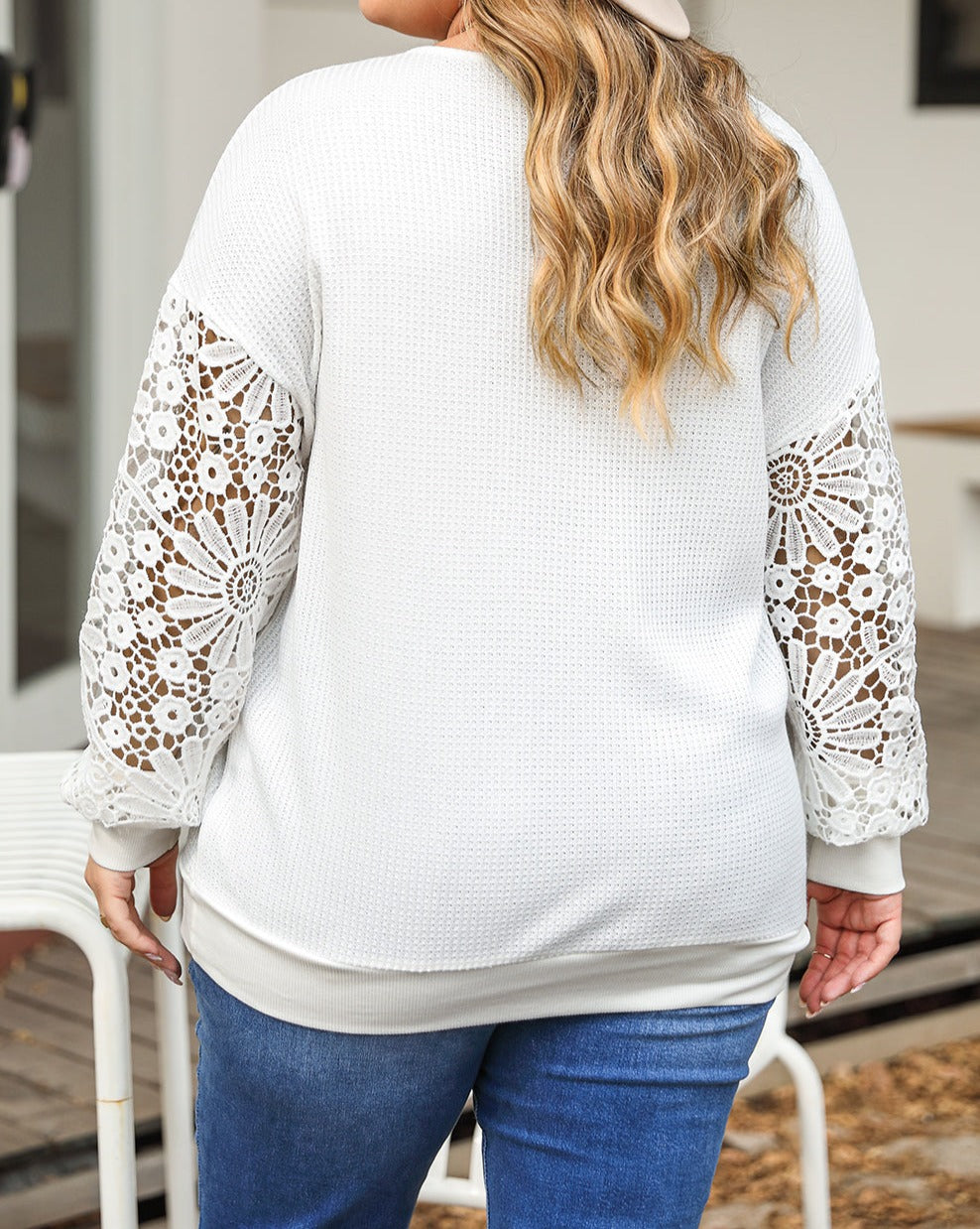 Contrast Lace Long Sleeve Plus Size Top - Eolante Clothing