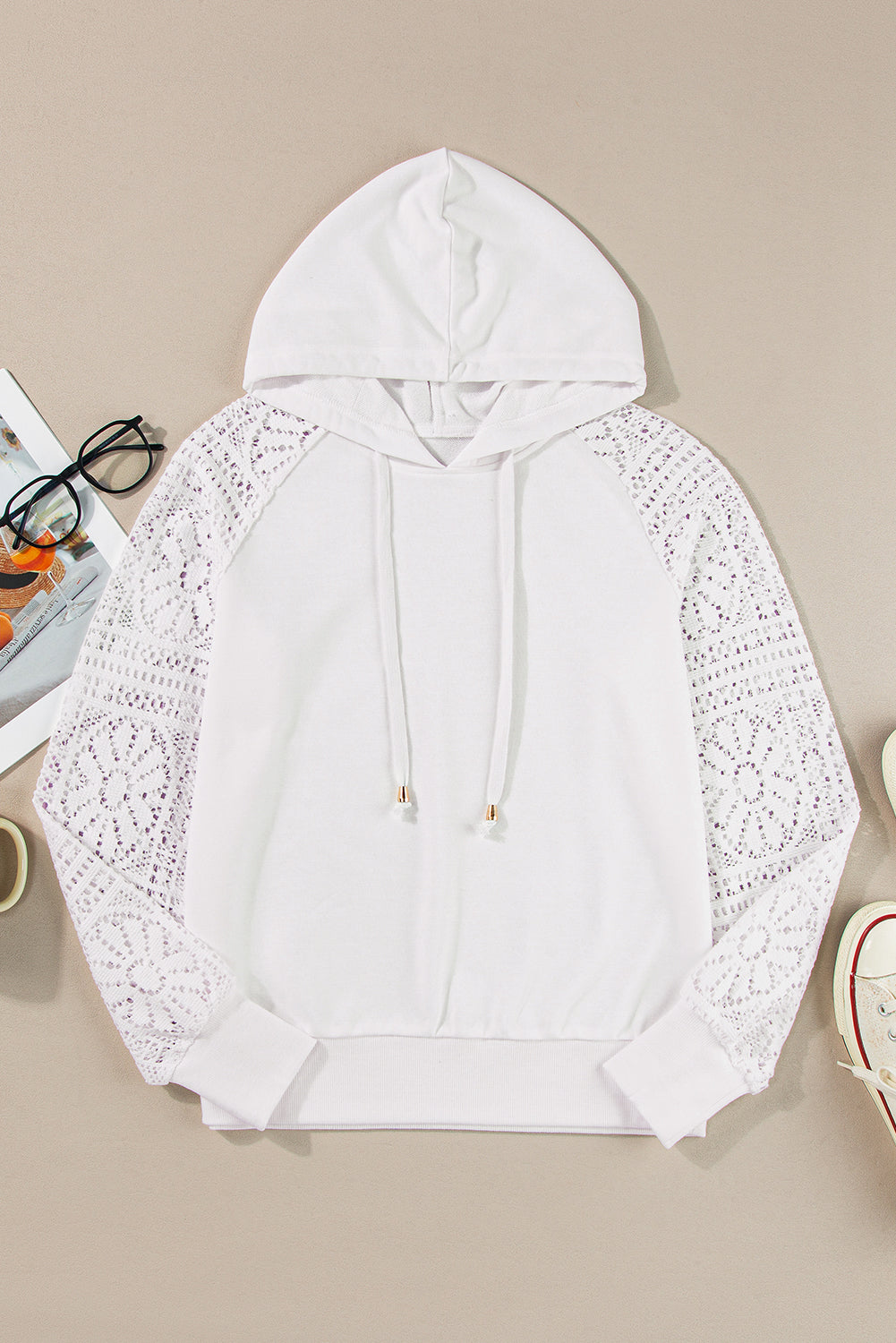 Lace Patchwork Sleeve Drawstring Hoodie - Eolante Clothing