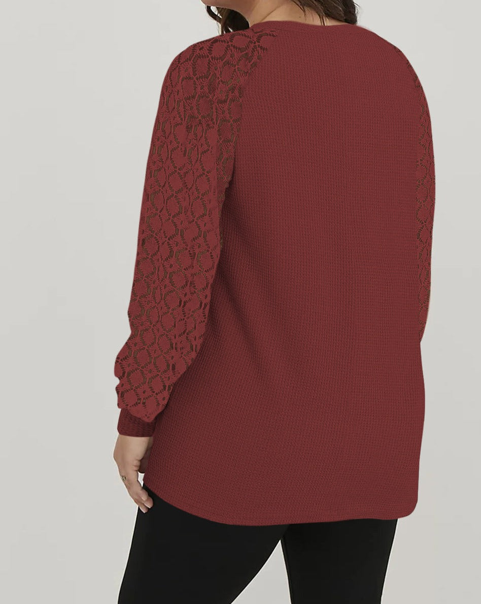 Lace Sleeve Waffle Knit Plus Size Top - Eolante Clothing