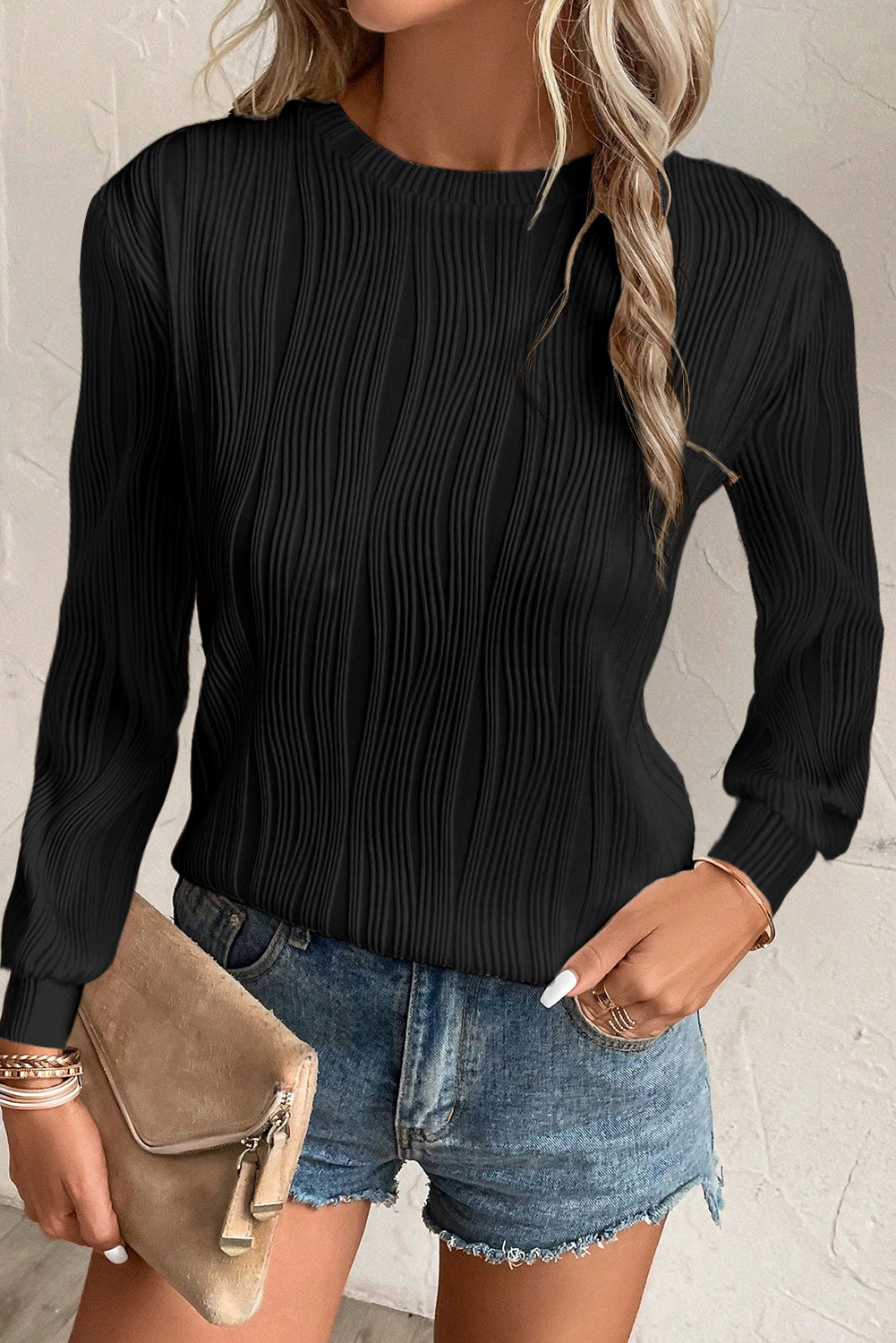 Textured Wavy Long Sleeve Top - Eolante Clothing