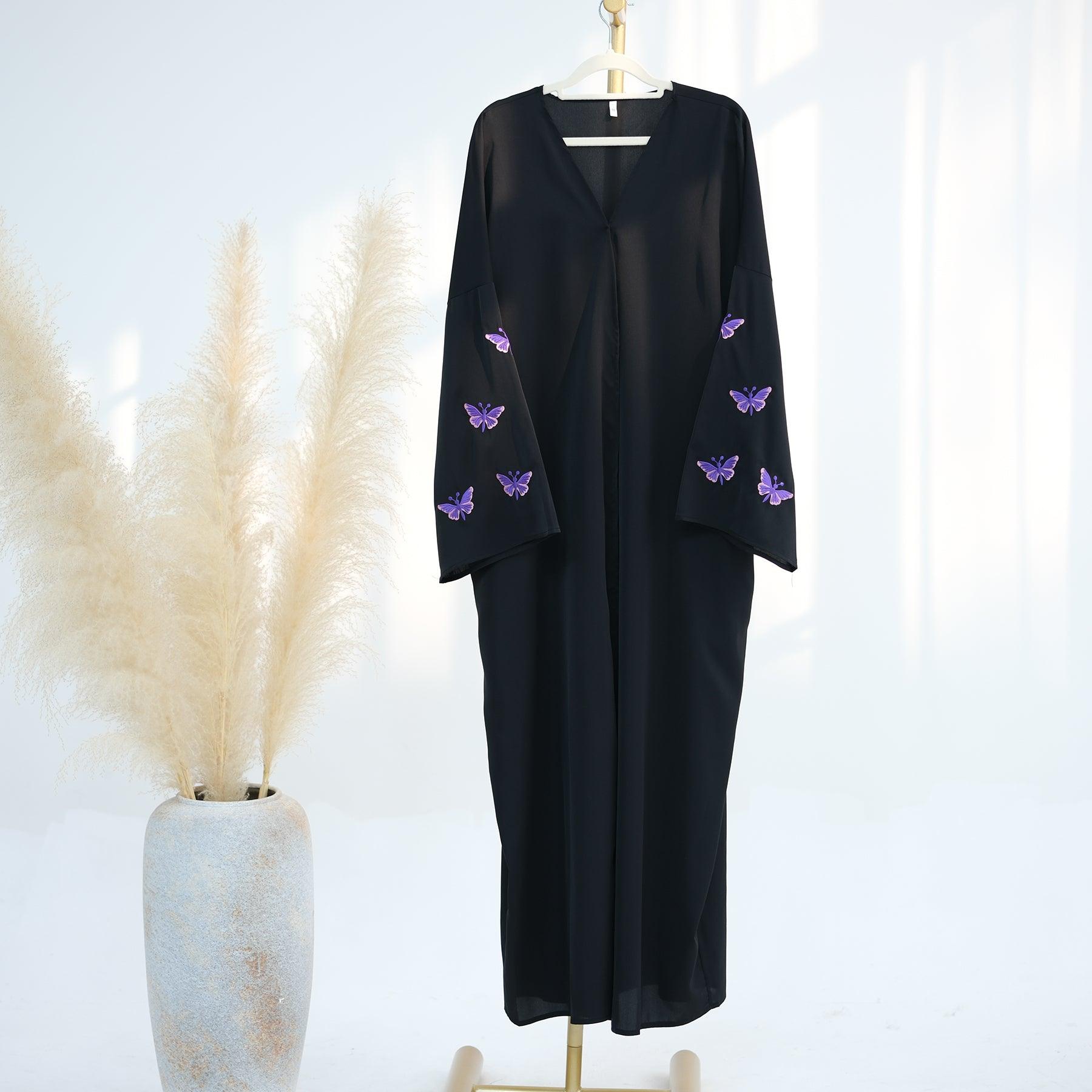 Open Abaya in Black Purple Embroidery | Eolante Clothing 