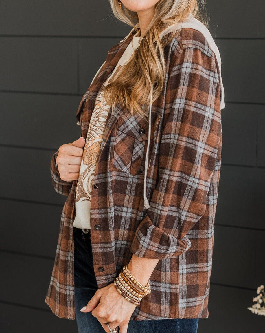 Plaid Contrast Hooded Plus Size Jacket - Eolante Clothing