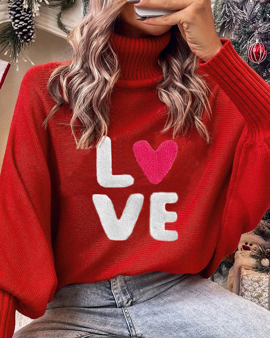 LOVE Embroidery High Neck Sweater - Eolante Clothing