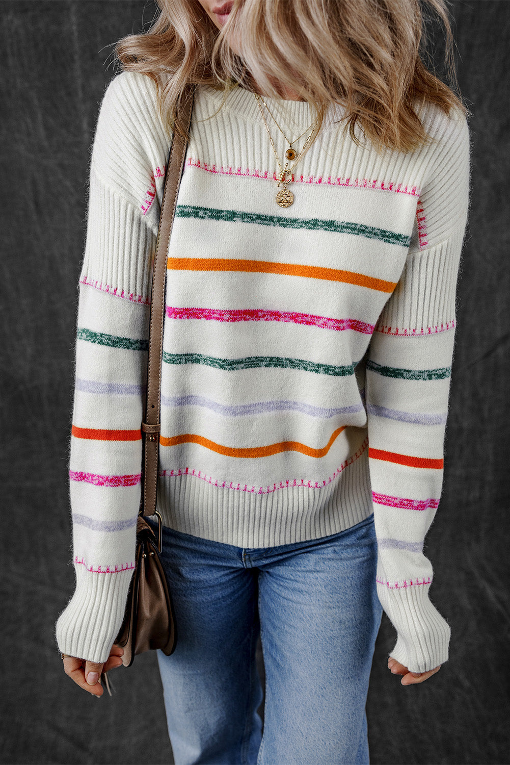 Stripe Ribbed Trim Sweater - Eolante Clothing