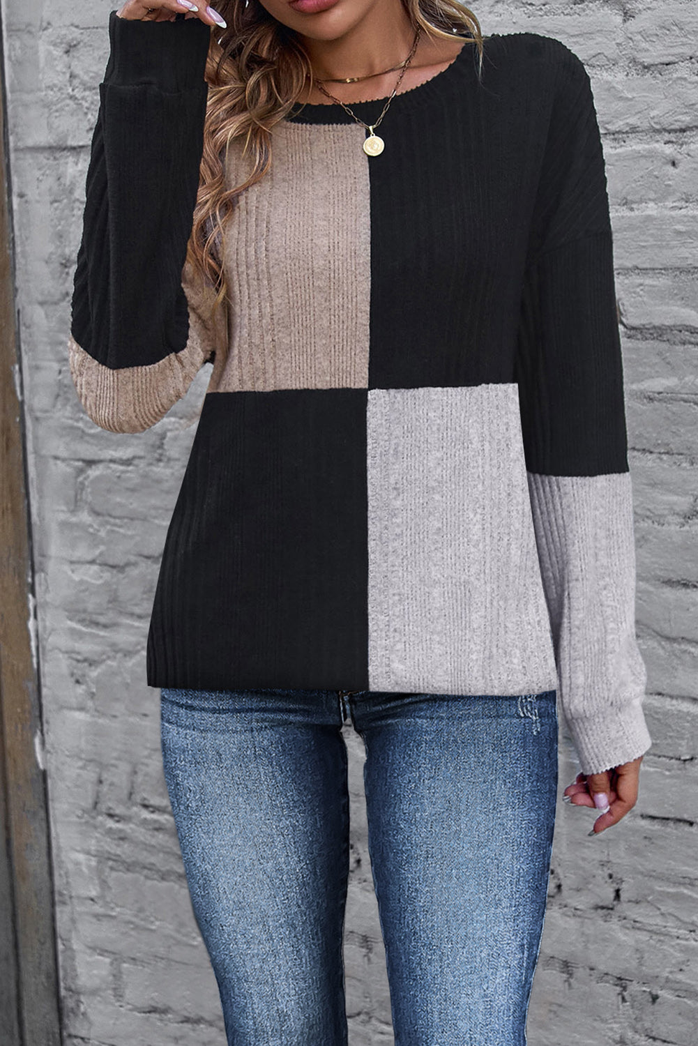 Colorblock Textured Knit Top - Eolante Clothing