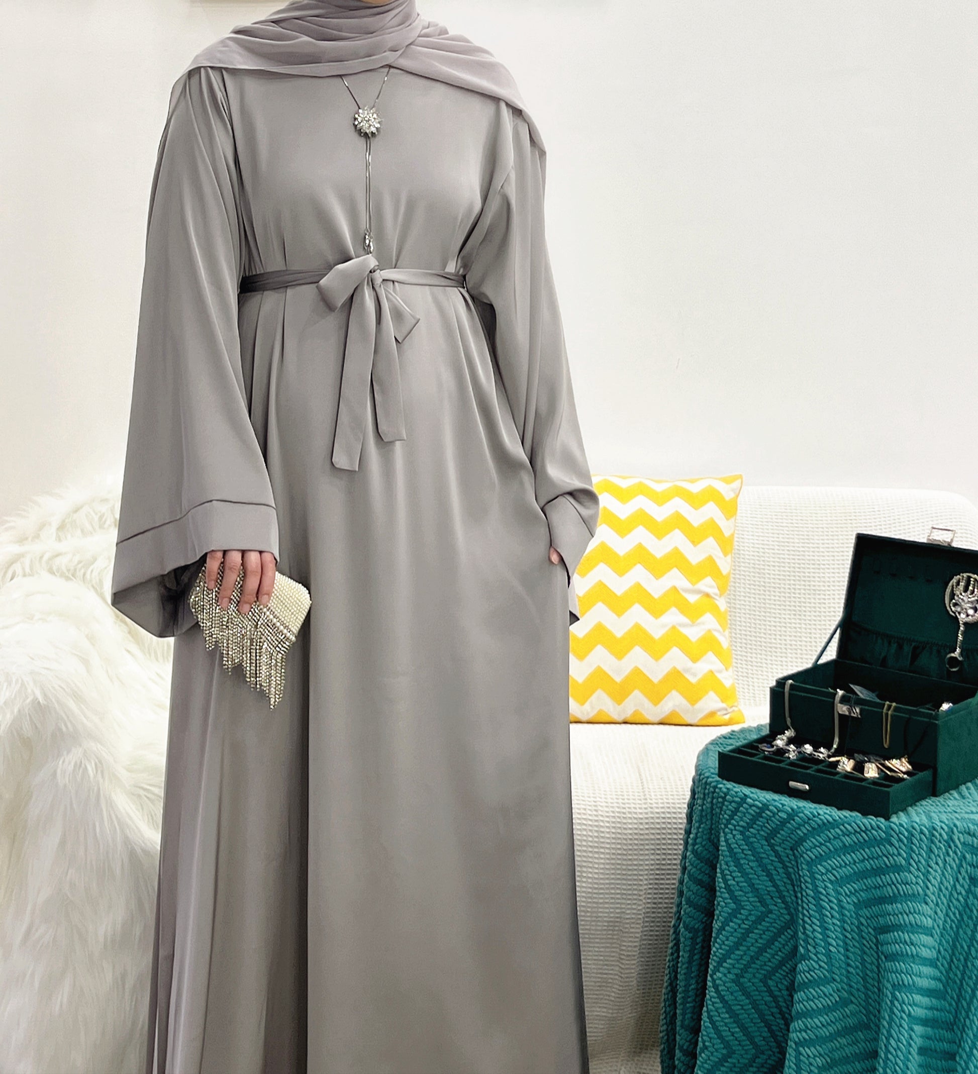 Satin Flowing Maxi Dress Abaya in Gray | Eolante Clothing 