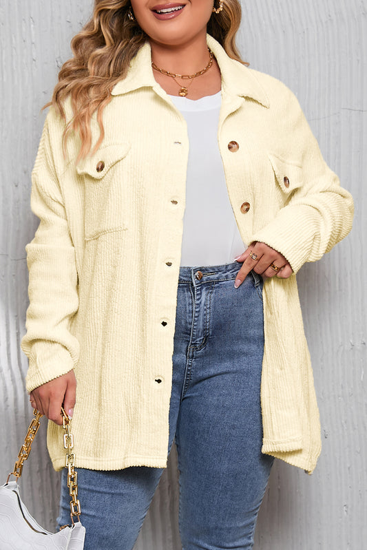 Ribbed Flap Pocket Collared Plus Size Jacket - Eolante Clothing