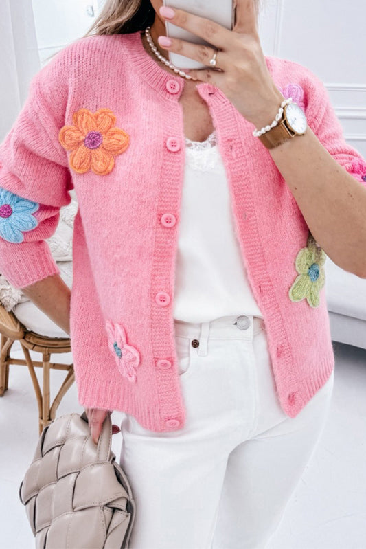 Knitted Floral Button-Up Cardigan