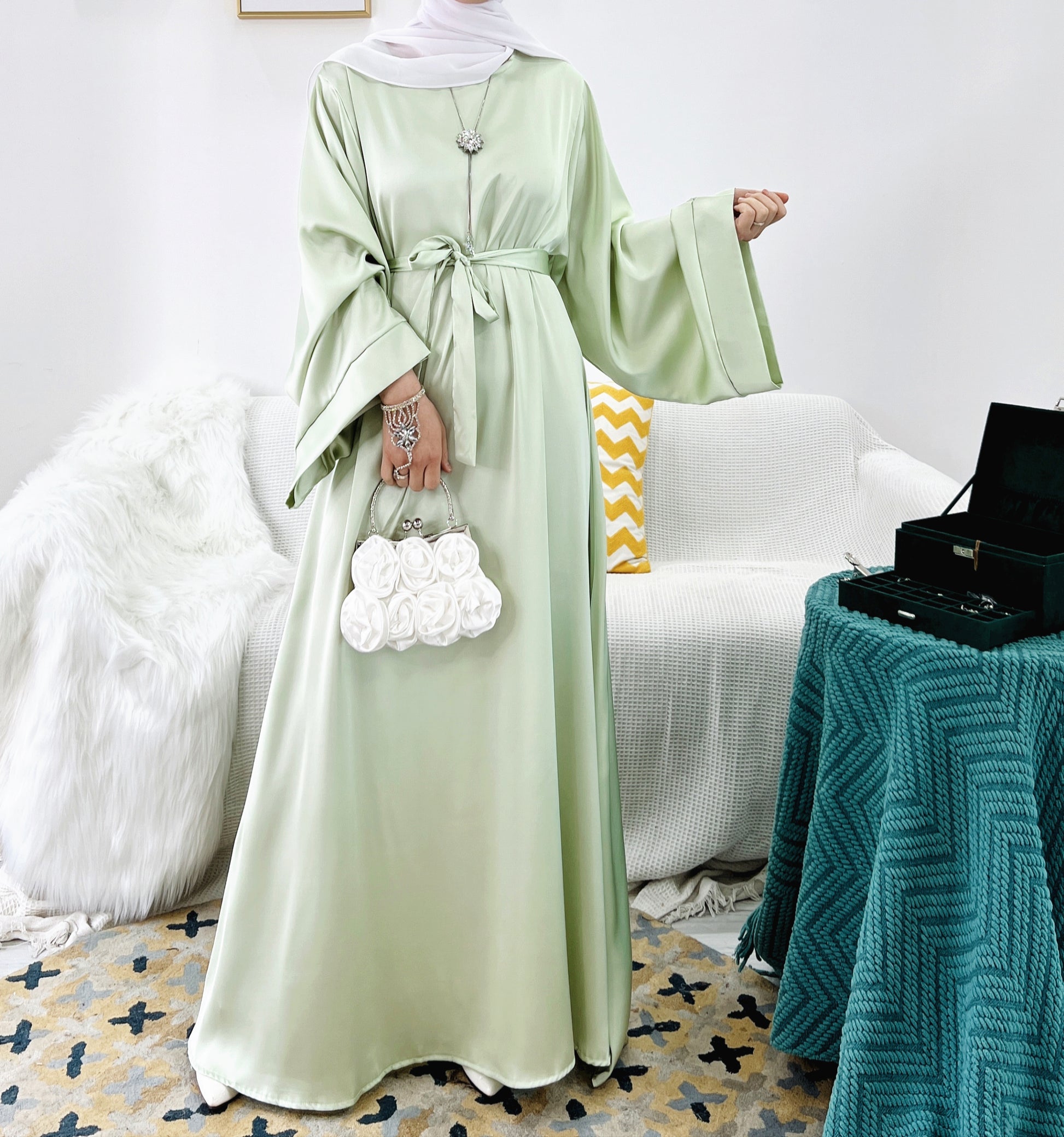 Maxi Dress Abaya in Mint Green Satin | Eolante Clothing 