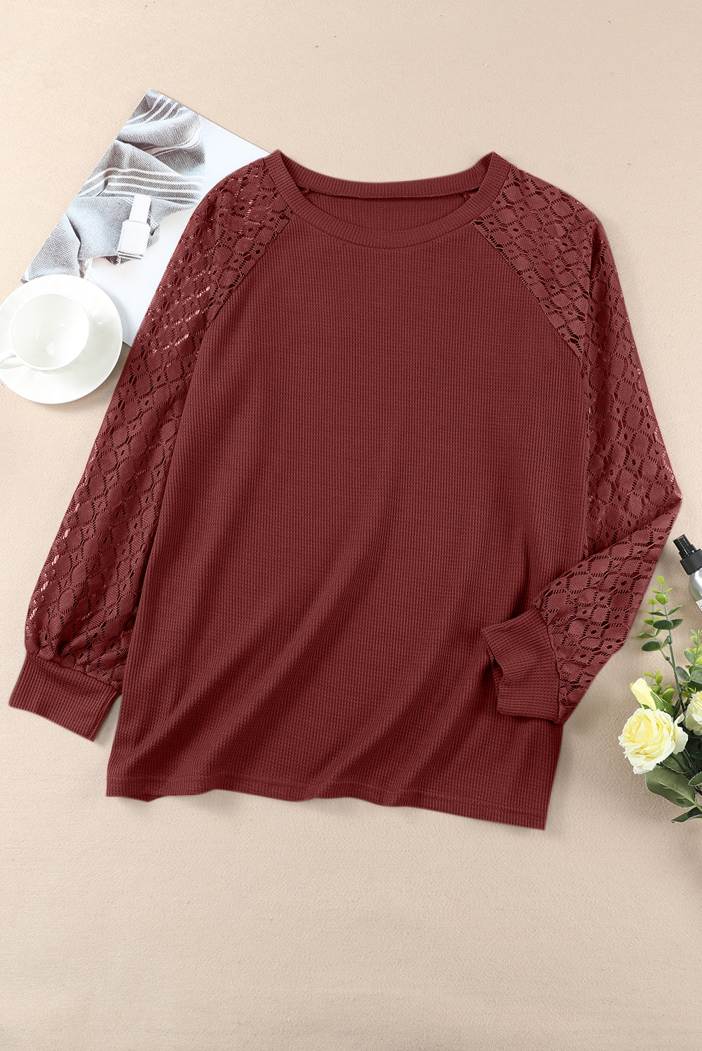 Lace Sleeve Waffle Knit Plus Size Top - Eolante Clothing