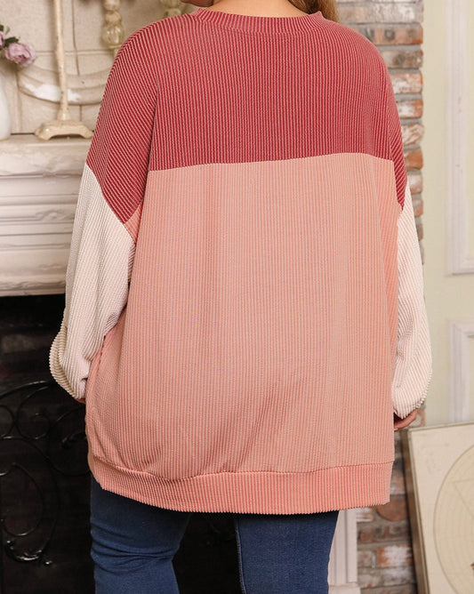 Ribbed Colorblock Long Sleeve Plus Size Top - Eolante Clothing