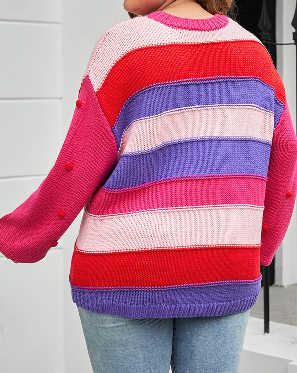 Stripe Knit Pompom Plus Size Sweater - Eolante Clothing