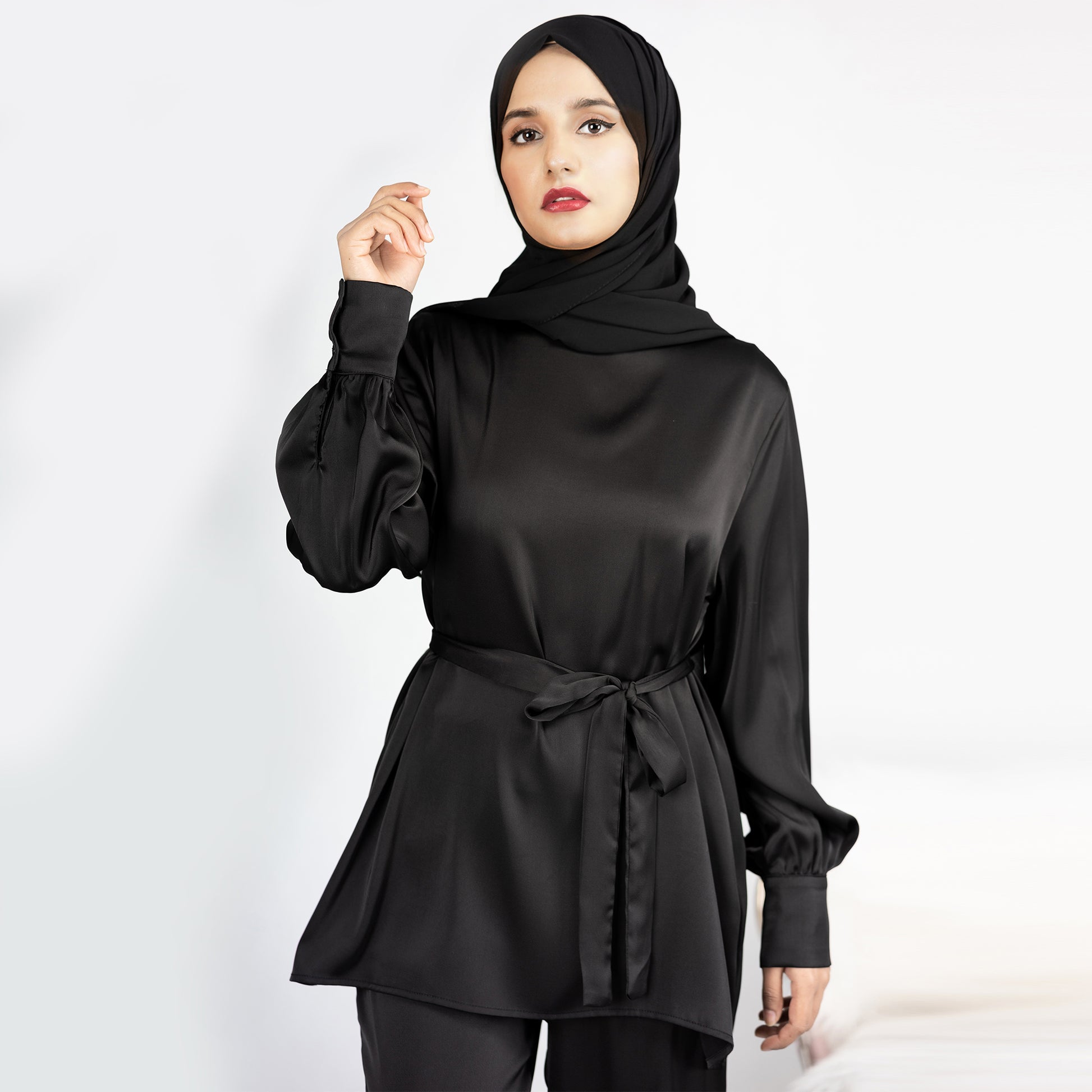 2 Piece Abaya Set, Satin Long Sleeve Top and Pants - Eolante Clothing