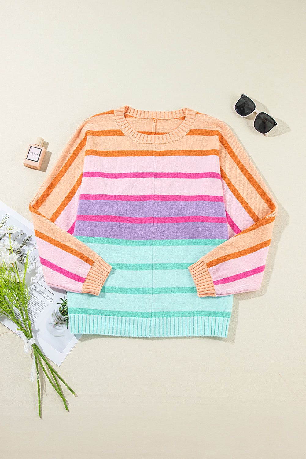 Striped Loose Sweater with Ribbed Edge - Eolante Clothing