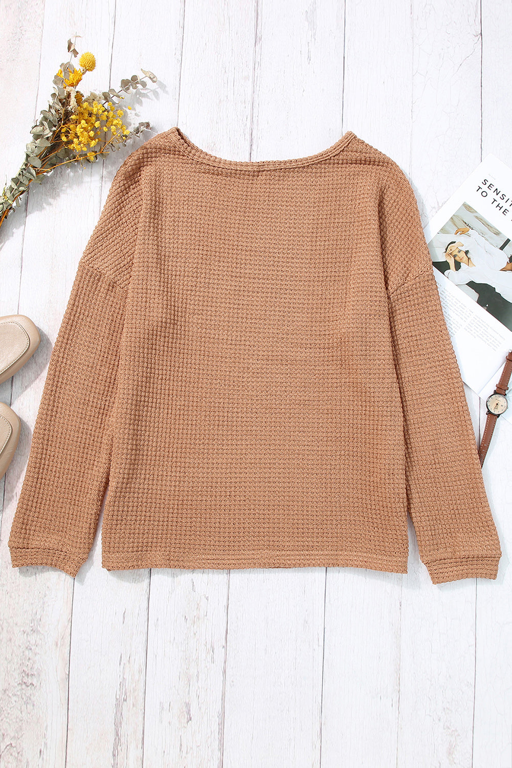 Waffle Knit Long Sleeve Top - Eolante Clothing