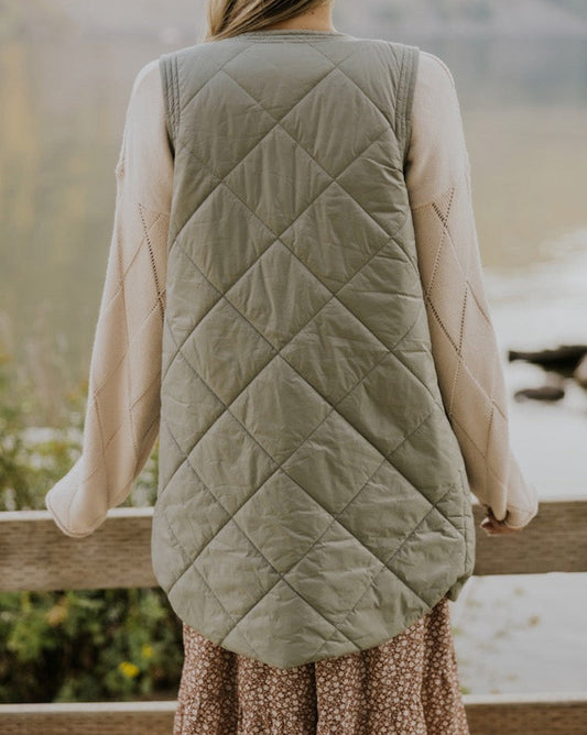 Quilted Long Vest Jacket with Pockets