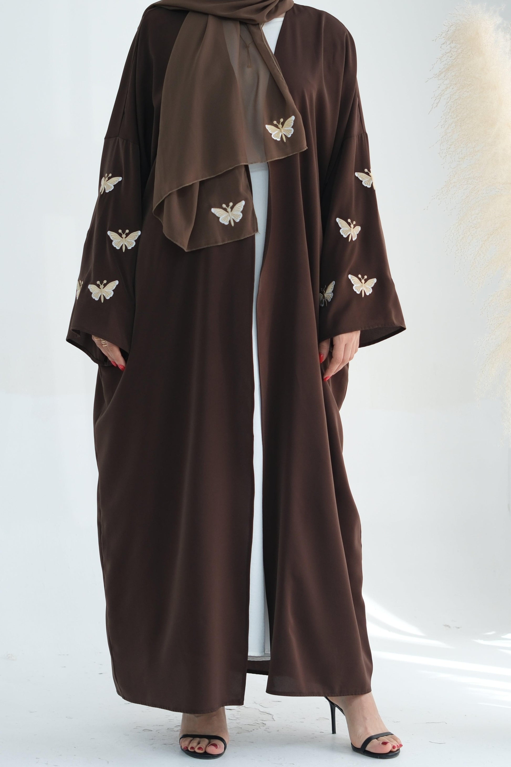 Butterfly Embroidered Open Abaya in Coffee color | Eolante Clothing 