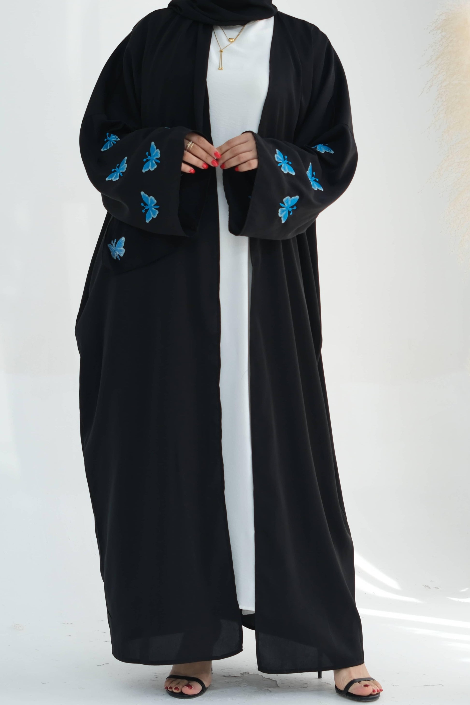 Black Blue Open Abaya with Butterfly Embroidery | Eolante Clothing 