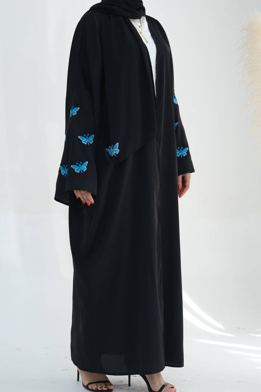 Butterfly Embroidered Abaya in Black Blue | Eolante Clothing 