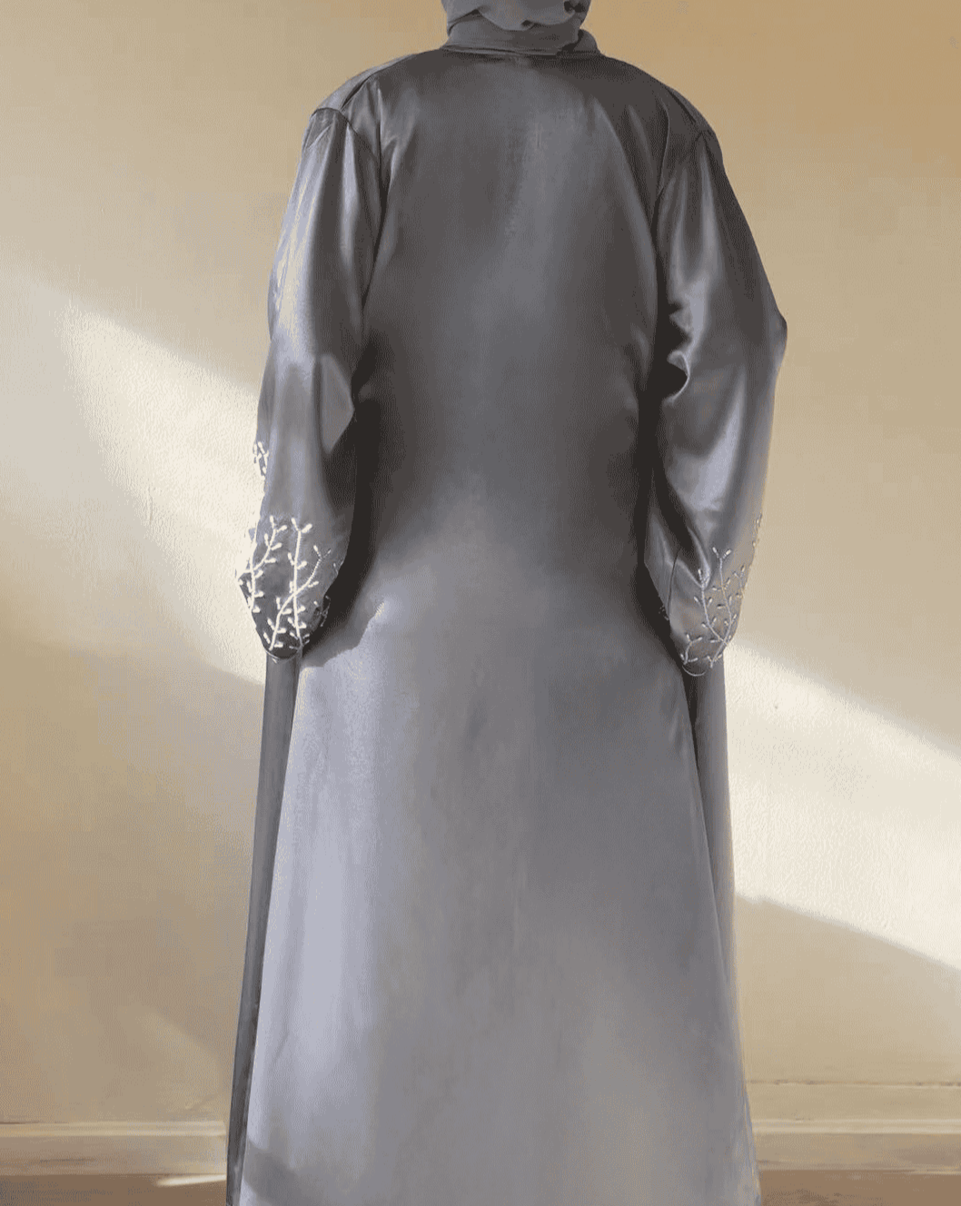 Slate Gray Open Abaya with Floral Embroidery | Eolante Clothing