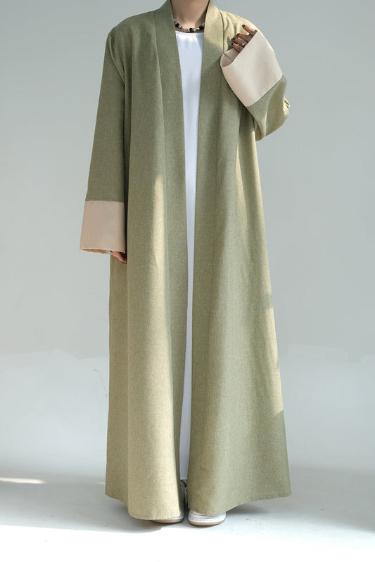 Comfortable Cotton Linen Open Abaya with Belt - SARAI