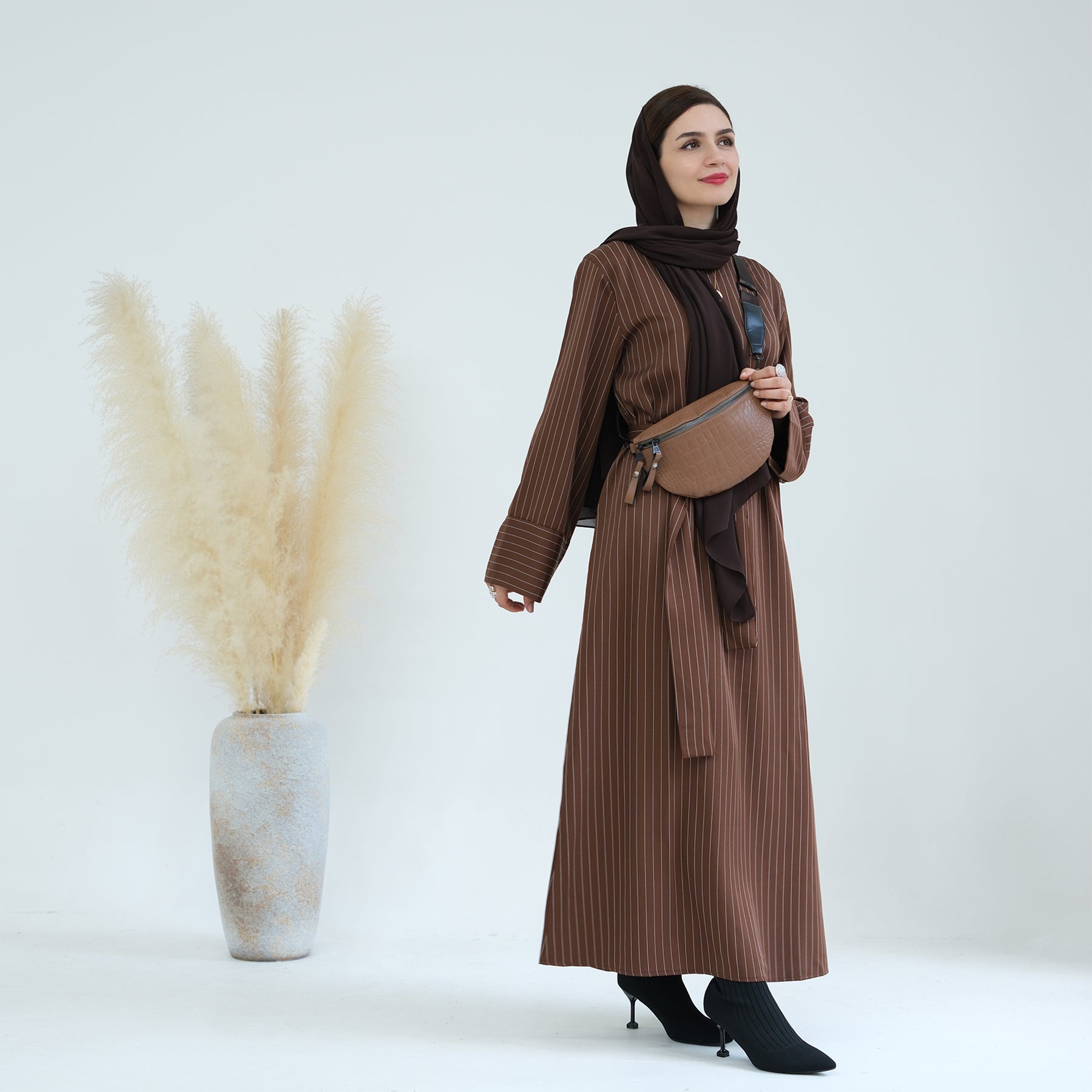 Striped Maxi Abaya in Brown | Eolante Clothing 