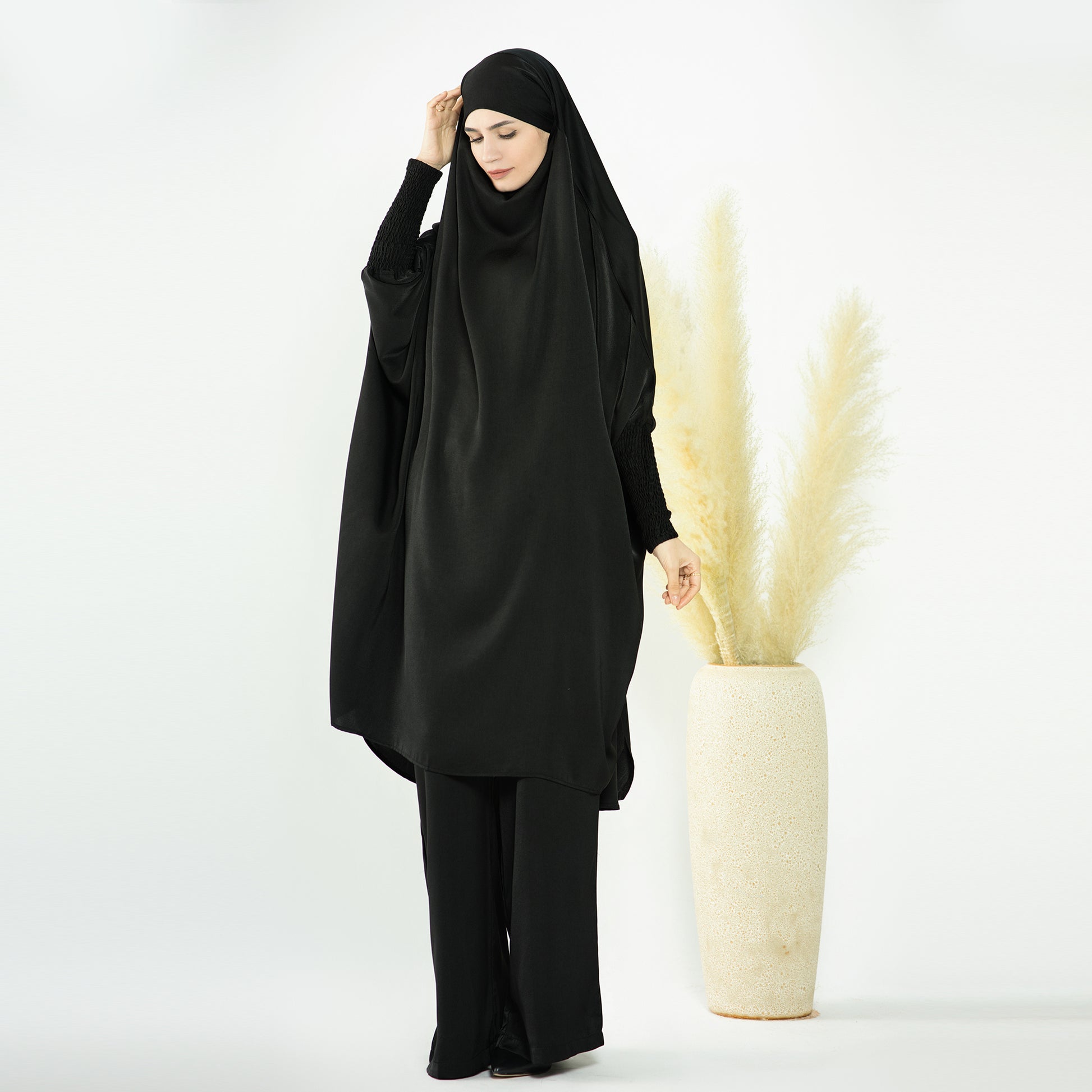 2 Piece Abaya Set, Satin Long Sleeve Top and Wide Leg Pants - Eolante Clothing