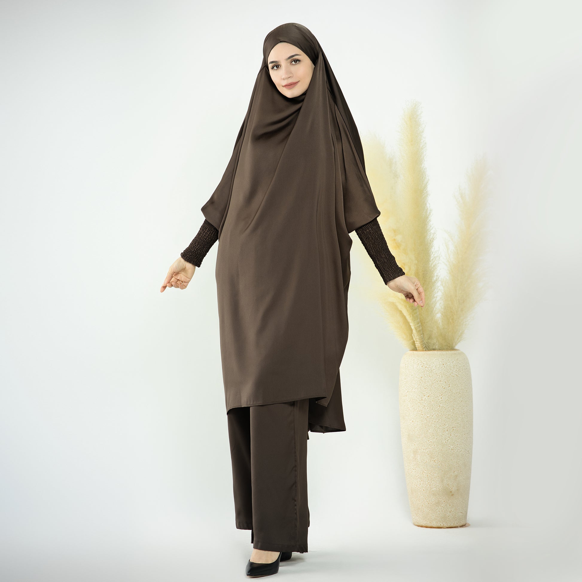 2 Piece Abaya Set, Satin Long Sleeve Top and Wide Leg Pants - Eolante Clothing