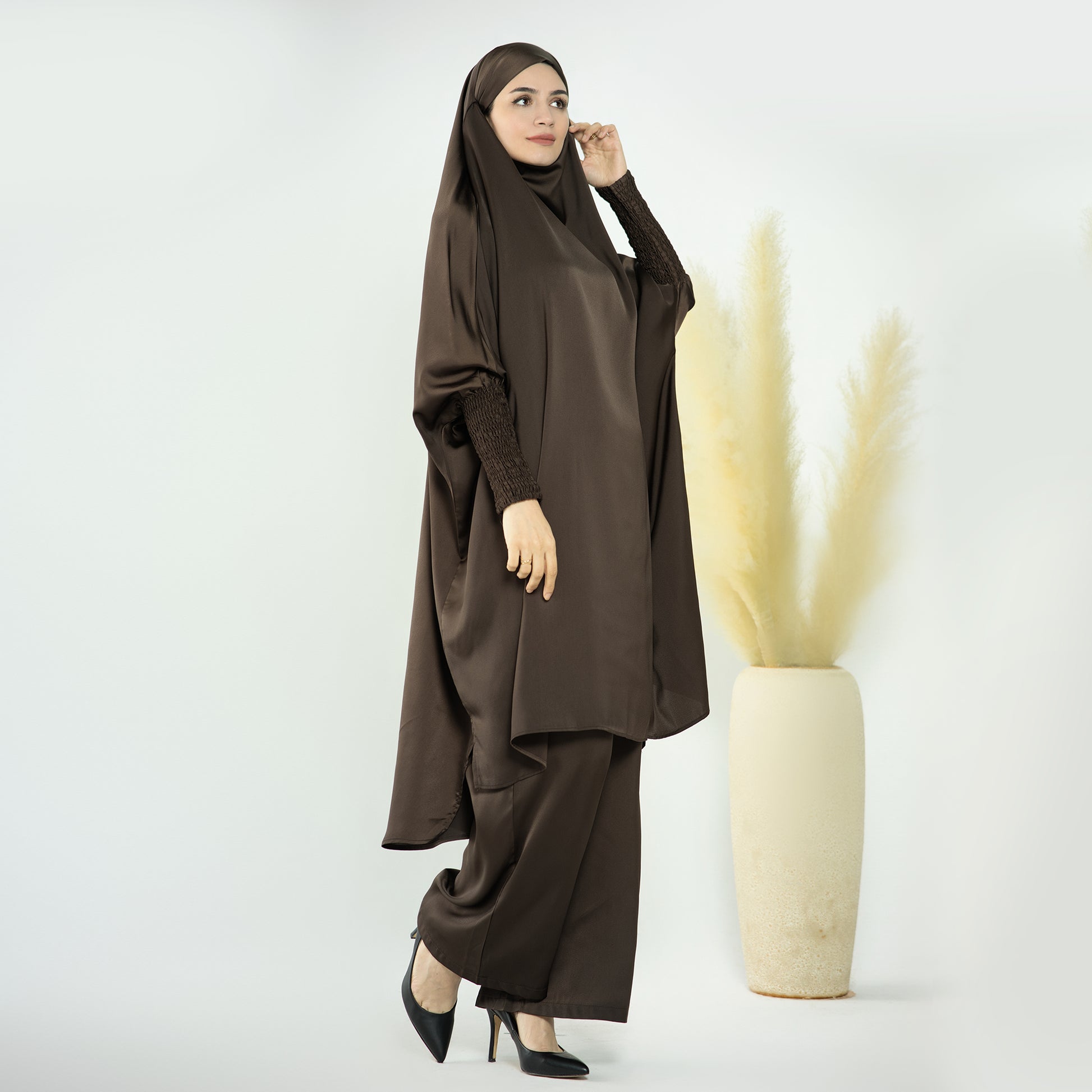 2 Piece Abaya Set, Satin Long Sleeve Top and Wide Leg Pants - Eolante Clothing