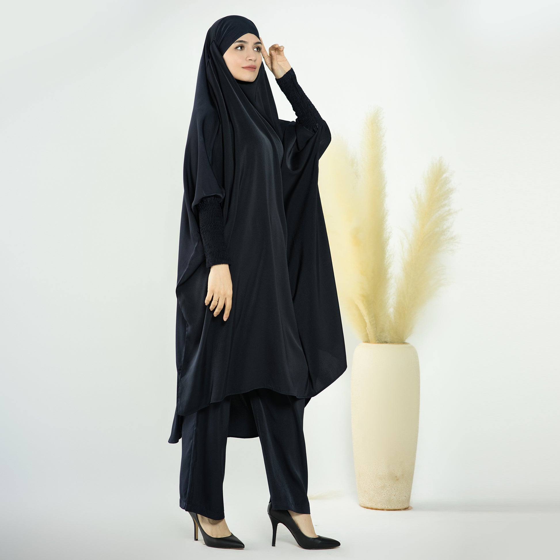 2 Piece Abaya Set, Satin Long Sleeve Top and Wide Leg Pants - Eolante Clothing