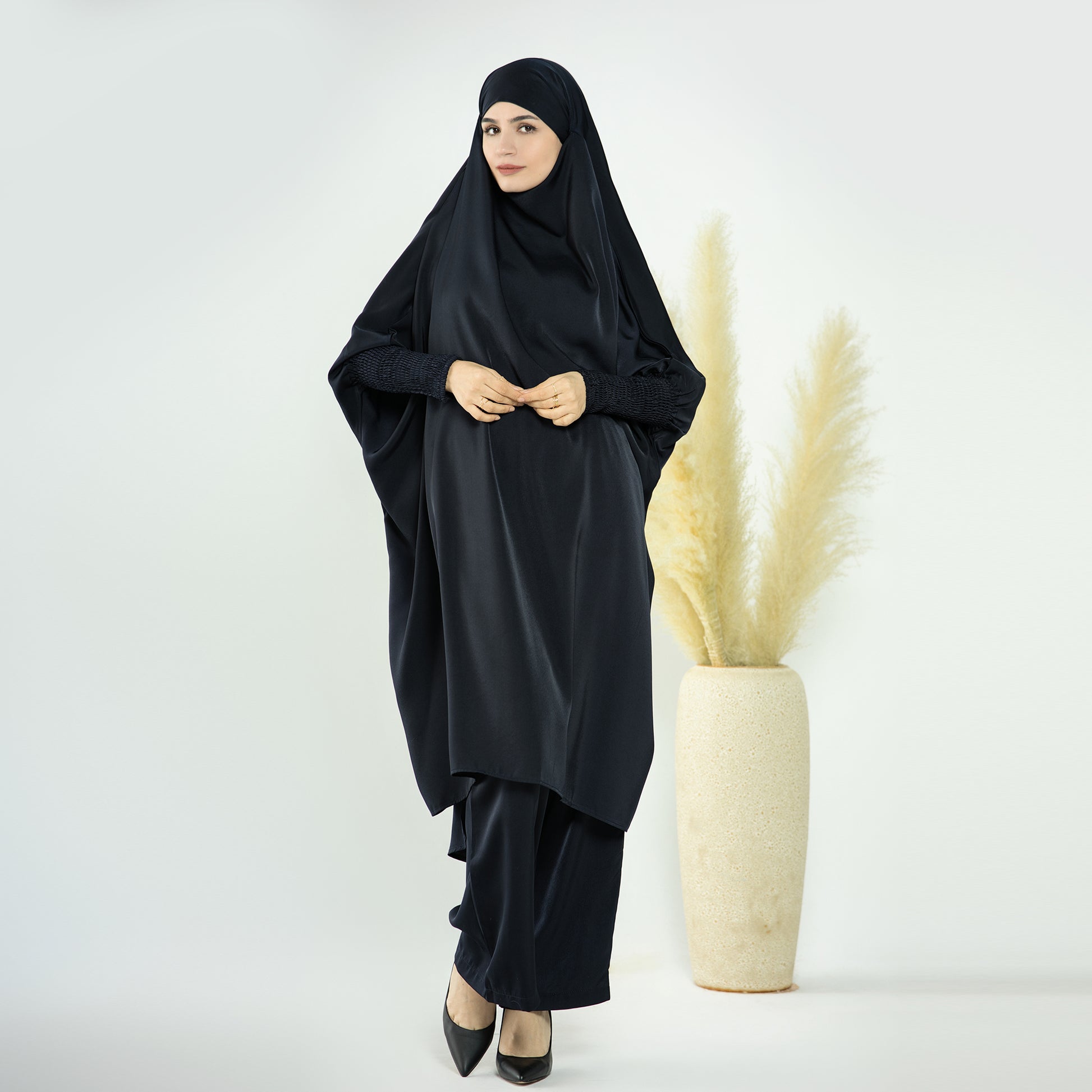 2 Piece Abaya Set, Satin Long Sleeve Top and Wide Leg Pants - Eolante Clothing