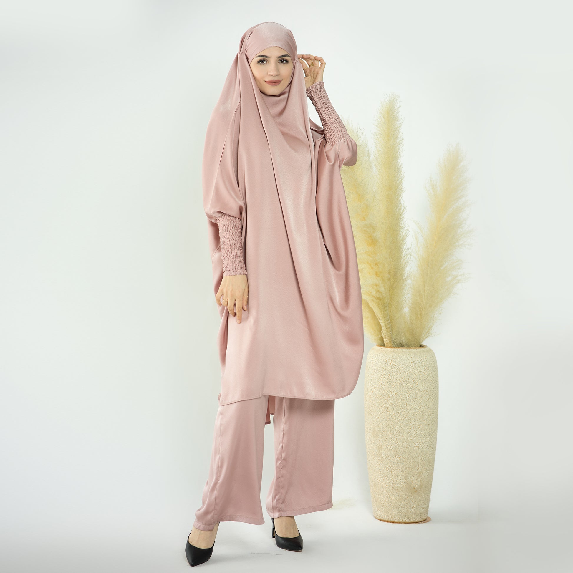 2 Piece Abaya Set, Satin Long Sleeve Top and Wide Leg Pants - Eolante Clothing