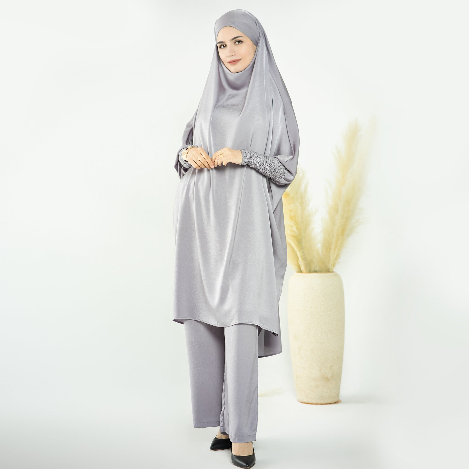 2 Piece Abaya Set, Satin Long Sleeve Top and Wide Leg Pants - Eolante Clothing