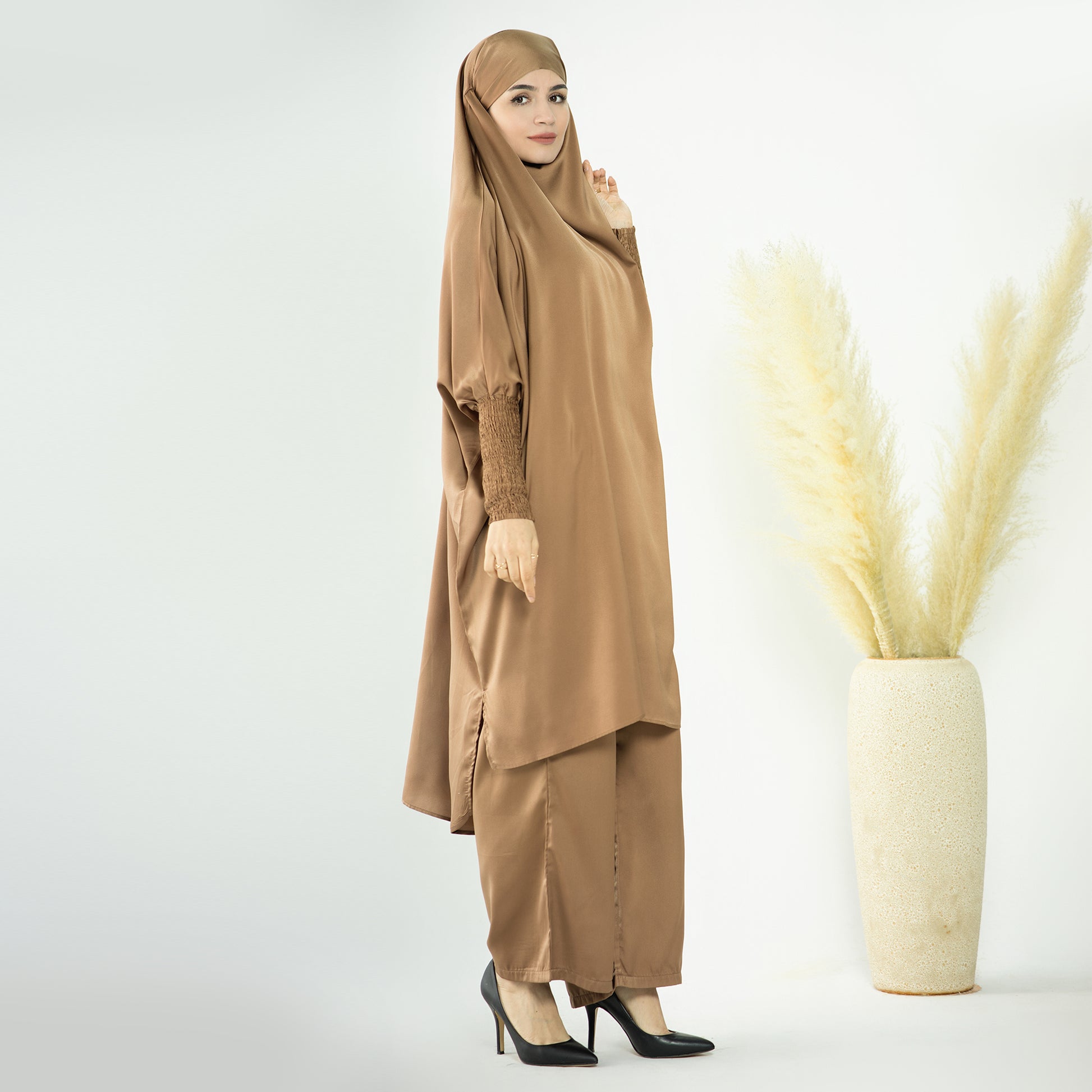 2 Piece Abaya Set, Satin Long Sleeve Top and Wide Leg Pants - Eolante Clothing