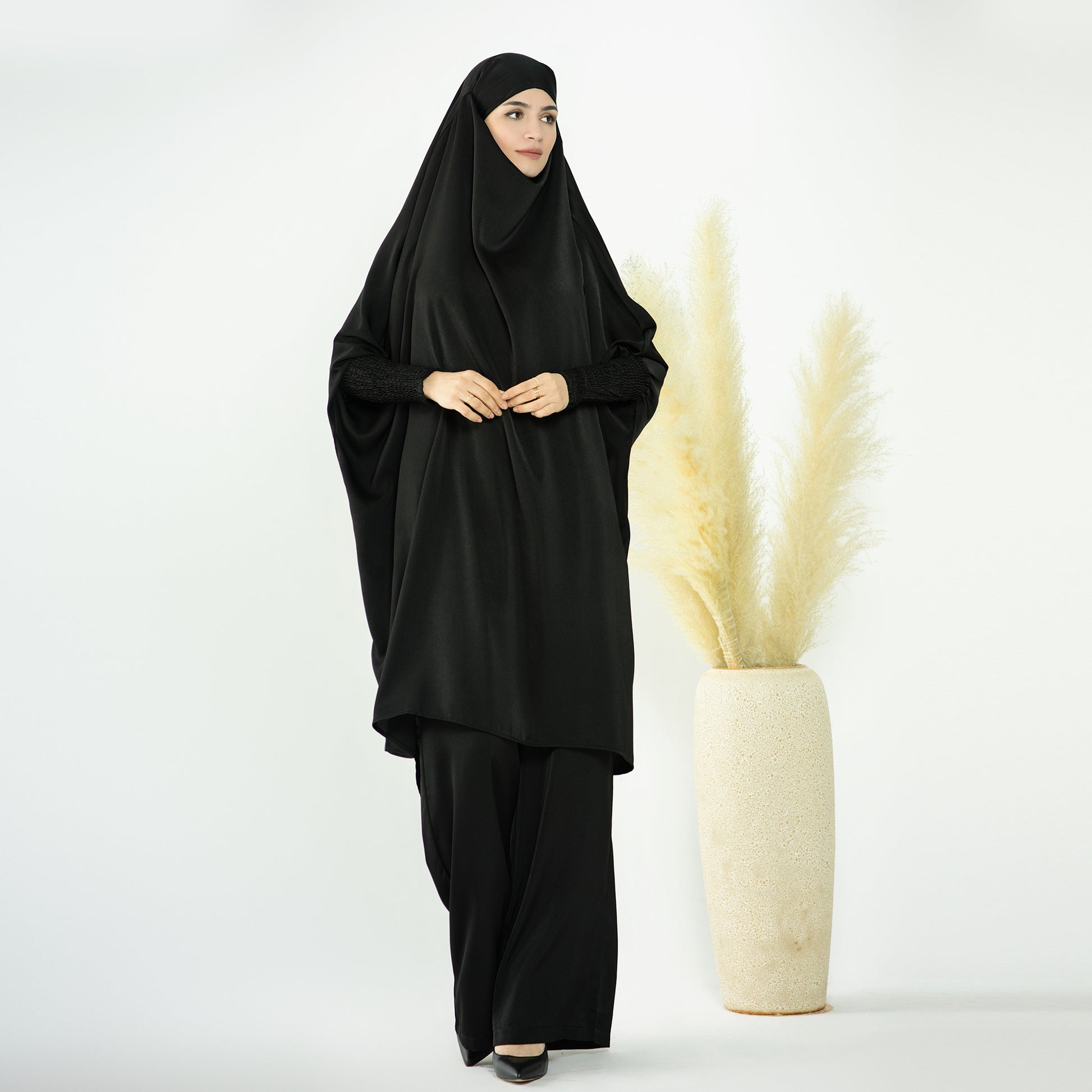 2 Piece Abaya Set, Satin Long Sleeve Top and Wide Leg Pants - Eolante Clothing